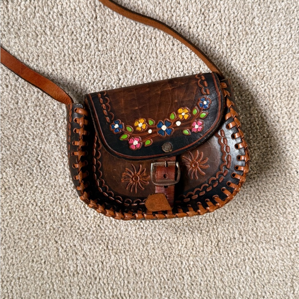 Floral Embroidered Brown Genuine Leather Small Crossbody Bag